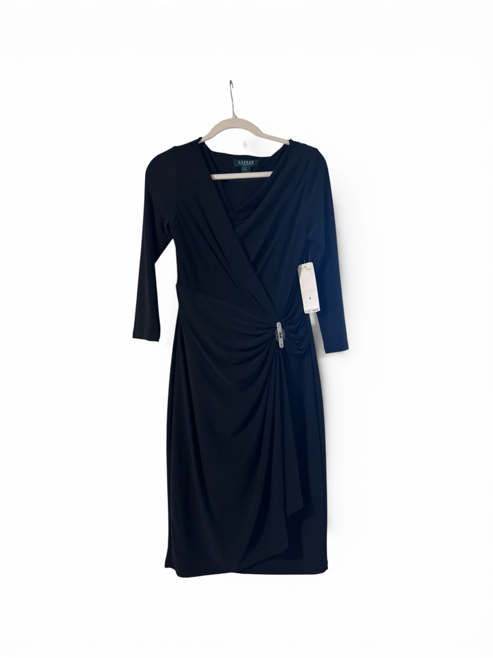 Lauren Ralph Lauren Black Faux-Wrap Midi Dress with Side Gather